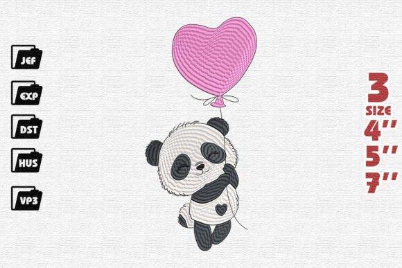Cute Panda Heart Balloon Embroidery